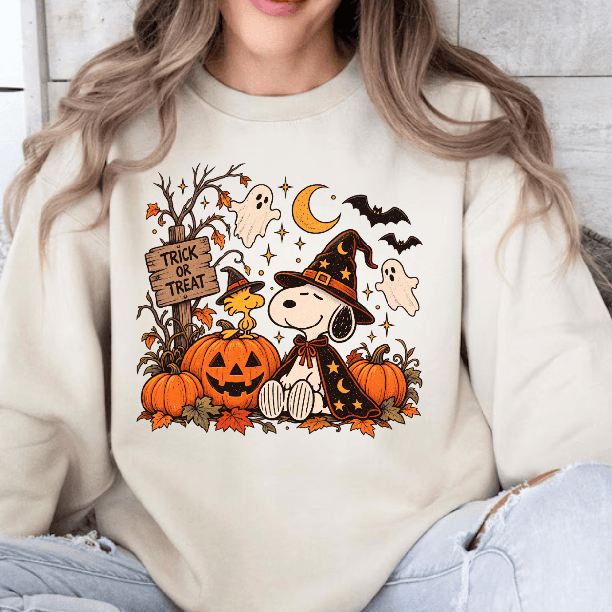PK - Cute Snoopy & Woodstock Trick or Treat Fall Crewneck