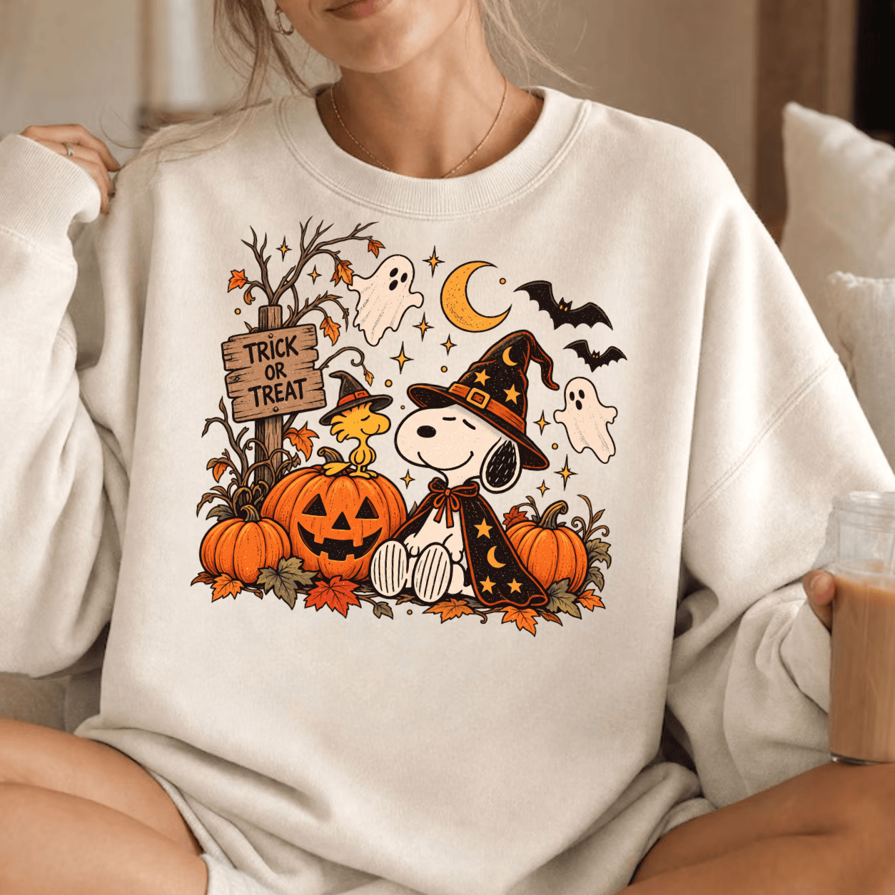 PK - Cute Snoopy & Woodstock Trick or Treat Fall Crewneck